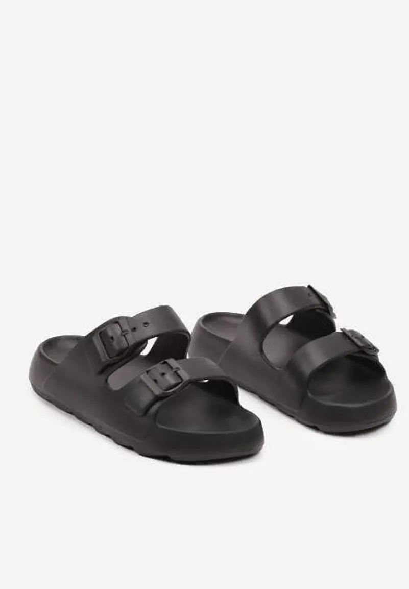 Czarne Piankowe Płaskie Klapki z Klamrami Chrissi