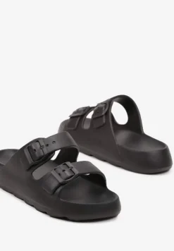 Czarne Piankowe Płaskie Klapki z Klamrami Chrissi