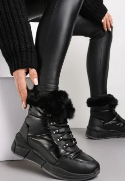 Czarne Pikowane Botki z Futerkiem i Błyszczącym Wykończeniem Vorellia