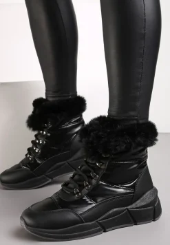 Czarne Pikowane Botki z Futerkiem i Błyszczącym Wykończeniem Vorellia