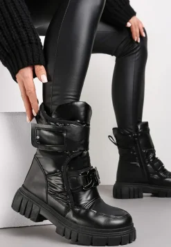 Czarne Pikowane Śniegowce z Klamrą w Kształcie Łańcucha Inaol