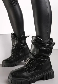 Czarne Pikowane Śniegowce z Klamrą w Kształcie Łańcucha Inaol