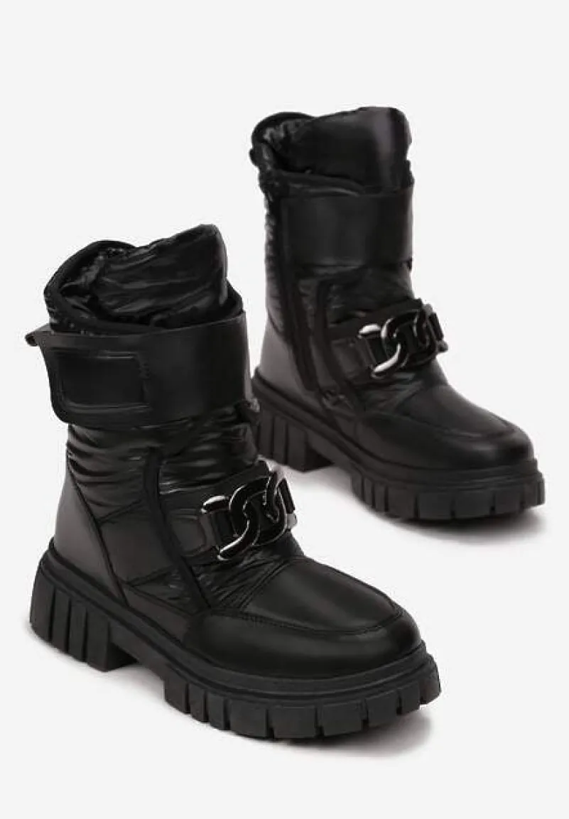 Czarne Pikowane Śniegowce z Klamrą w Kształcie Łańcucha Inaol