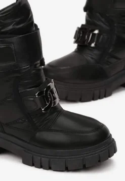 Czarne Pikowane Śniegowce z Klamrą w Kształcie Łańcucha Inaol