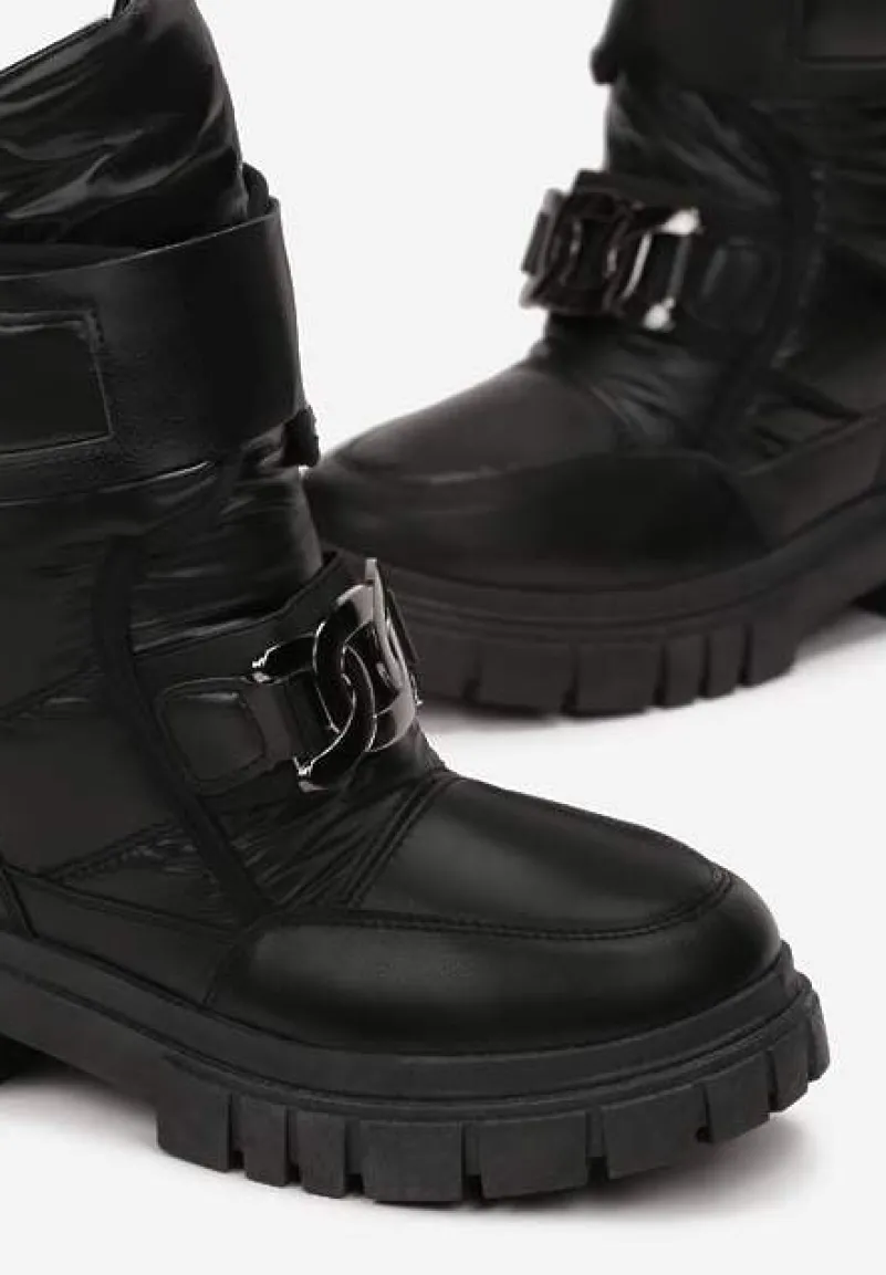 Czarne Pikowane Śniegowce z Klamrą w Kształcie Łańcucha Inaol