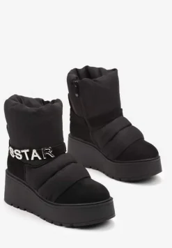 Czarne Pikowane Śniegowce na Platformie z Ozdobnym Paskiem i Metalicznym Napisem Sarva