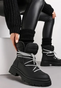 Czarne Pikowane Ocieplane Śniegowce na Grubej Podeszwie z Ozdobnym Wiązaniem Klimorsi