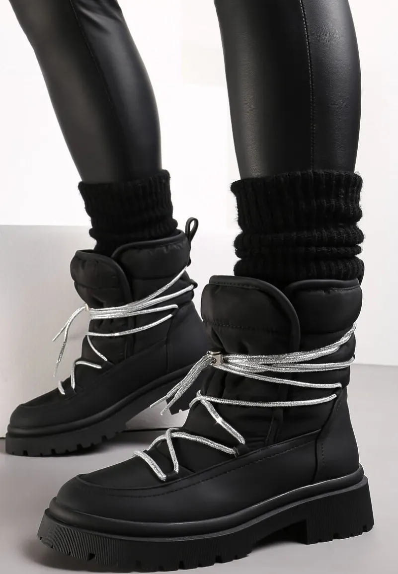 Czarne Pikowane Ocieplane Śniegowce na Grubej Podeszwie z Ozdobnym Wiązaniem Klimorsi