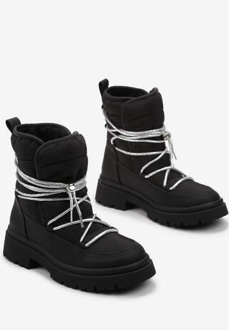 Czarne Pikowane Ocieplane Śniegowce na Grubej Podeszwie z Ozdobnym Wiązaniem Klimorsi