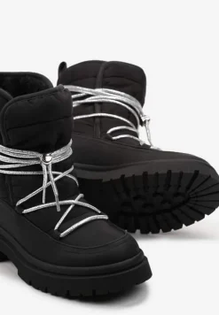Czarne Pikowane Ocieplane Śniegowce na Grubej Podeszwie z Ozdobnym Wiązaniem Klimorsi