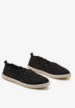 Czarne Plecione Espadryle Vices z Kwiatowym Motywem z Ażurowymi Wycięciami Honavia