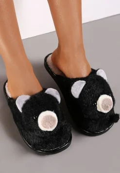 Czarne Pluszowe Kapcie z Misiem Phisi