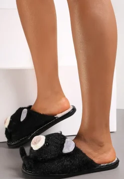 Czarne Pluszowe Kapcie z Misiem Phisi