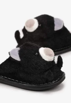 Czarne Pluszowe Kapcie z Misiem Phisi