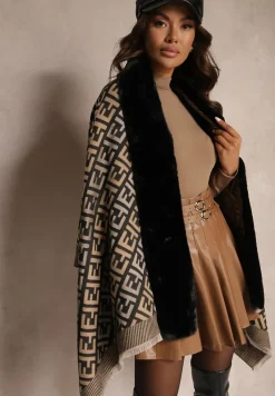 Czarne Ponczo z Wiskozy w Geometryczny Wzór z Futerkiem Miavira