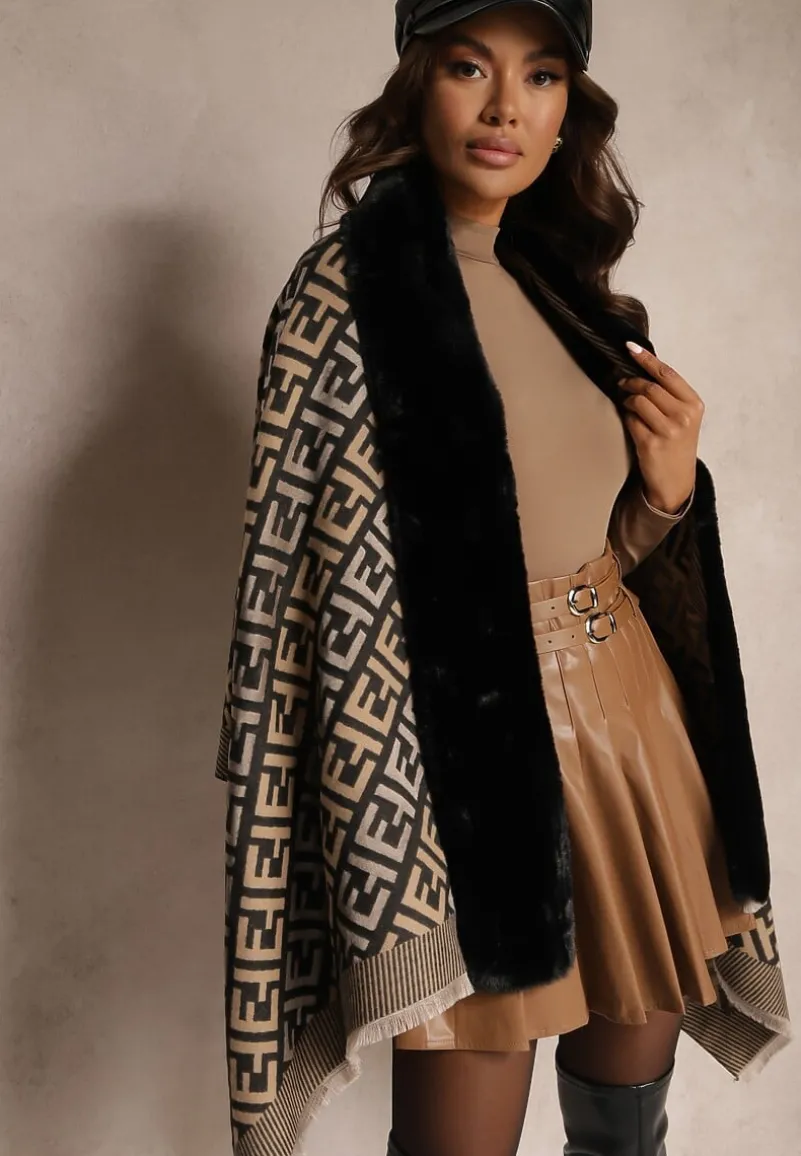 Czarne Ponczo z Wiskozy w Geometryczny Wzór z Futerkiem Miavira