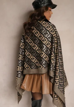 Czarne Ponczo z Wiskozy w Geometryczny Wzór z Futerkiem Miavira