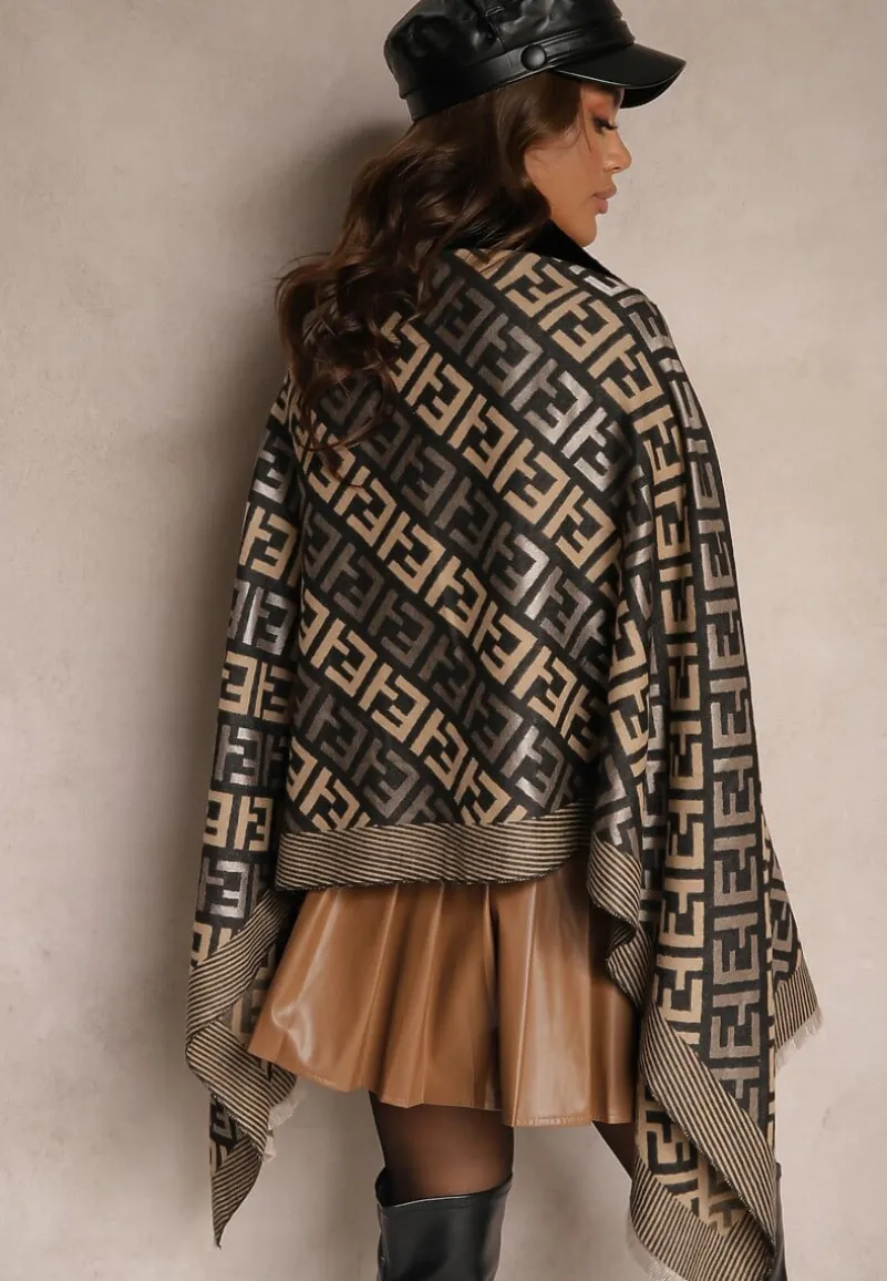 Czarne Ponczo z Wiskozy w Geometryczny Wzór z Futerkiem Miavira