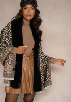 Czarne Ponczo z Wiskozy w Geometryczny Wzór z Futerkiem Miavira