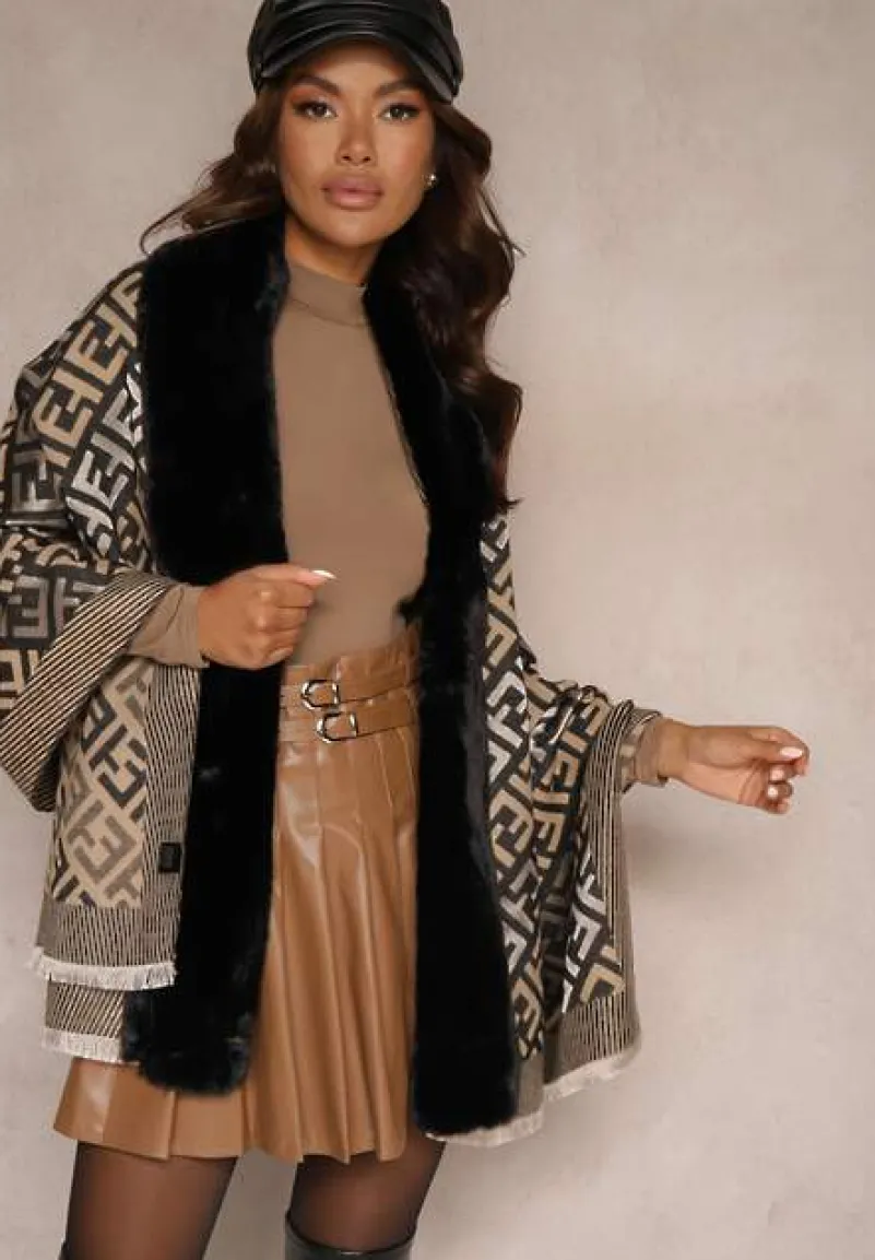 Czarne Ponczo z Wiskozy w Geometryczny Wzór z Futerkiem Miavira