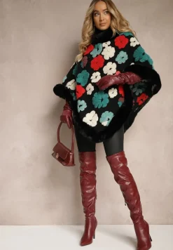 Czarne Ponczo z Wiskozy Zdobione Futrzanymi Aplikacjami w Kształcie Kwiatów Lealithwen