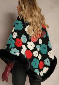 Czarne Ponczo z Wiskozy Zdobione Futrzanymi Aplikacjami w Kształcie Kwiatów Lealithwen