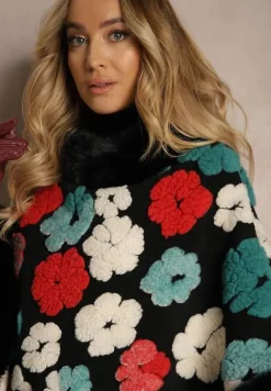 Czarne Ponczo z Wiskozy Zdobione Futrzanymi Aplikacjami w Kształcie Kwiatów Lealithwen