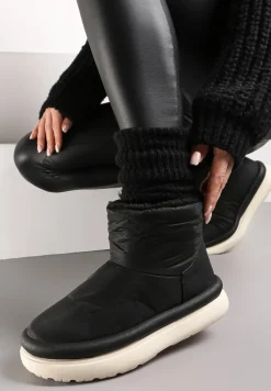 Czarne Połyskujące Śniegowce na Płaskiej Podeszwie Ocieplone Futerkiem Brivida