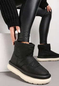 Czarne Połyskujące Śniegowce na Płaskiej Podeszwie Ocieplone Futerkiem Brivida