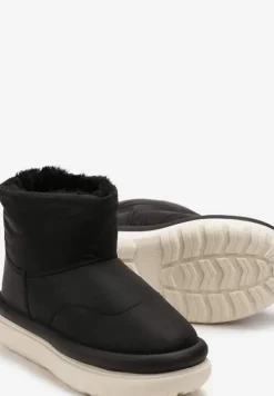 Czarne Połyskujące Śniegowce na Płaskiej Podeszwie Ocieplone Futerkiem Brivida