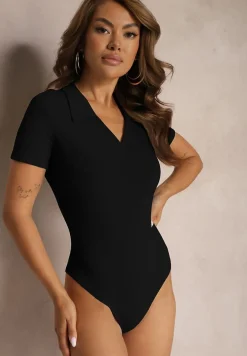 Czarne Prążkowane Body Polo z Bawełny na Haftki Wykończone Kołnierzykiem Missala