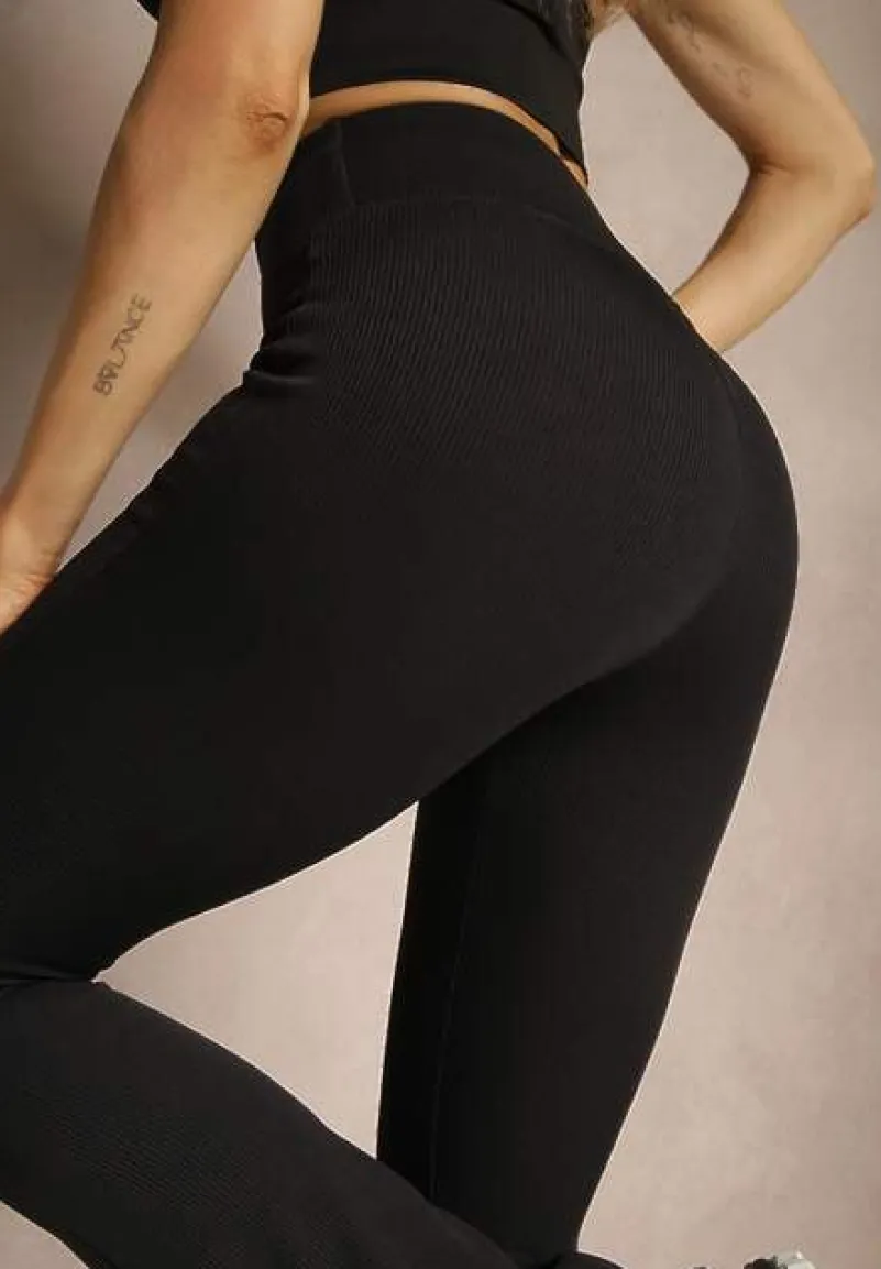 Czarne Prążkowane Spodnie Typu Dzwony High Waist Farinia