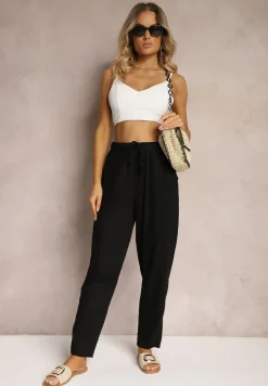 Czarne Proste Spodnie Bawełniane z Gumką w Pasie Xisela
