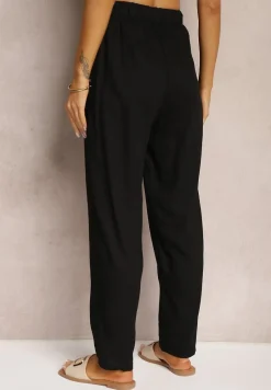 Czarne Proste Spodnie Bawełniane z Gumką w Pasie Xisela