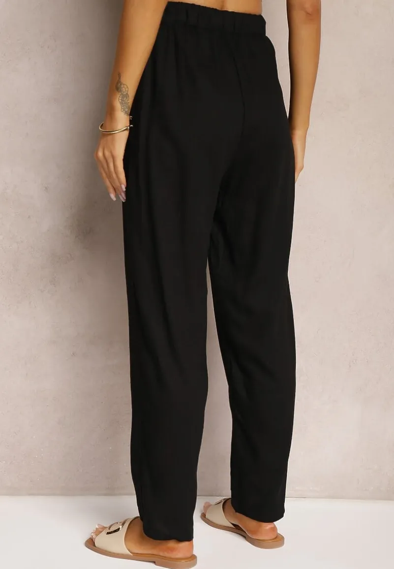 Czarne Proste Spodnie Bawełniane z Gumką w Pasie Xisela