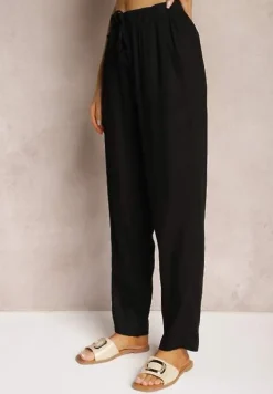 Czarne Proste Spodnie Bawełniane z Gumką w Pasie Xisela