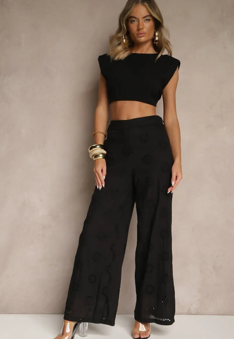 Czarne Proste Spodnie z Bawełny z Haftem i Ażurowymi Zdobieniami Tolazia