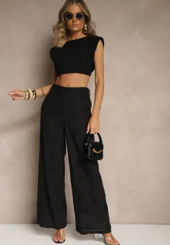 Czarne Proste Spodnie z Bawełny z Haftem i Ażurowymi Zdobieniami Tolazia