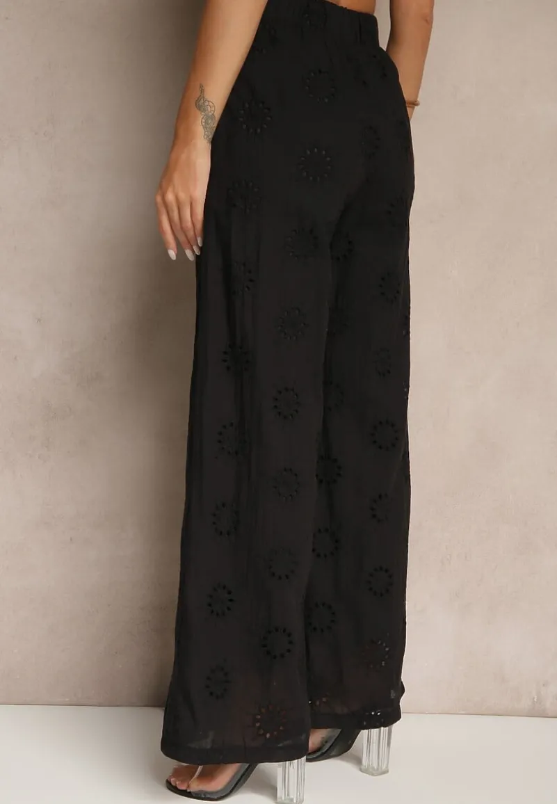 Czarne Proste Spodnie z Bawełny z Haftem i Ażurowymi Zdobieniami Tolazia