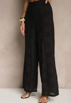 Czarne Proste Spodnie z Bawełny z Haftem i Ażurowymi Zdobieniami Tolazia