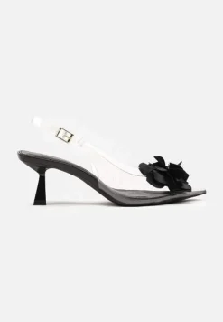 Czarne Przezroczyste Sandały na Obcasie Typu Kaczuszka z Kwiatem Nalaniela
