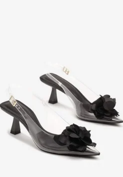 Czarne Przezroczyste Sandały na Obcasie Typu Kaczuszka z Kwiatem Nalaniela