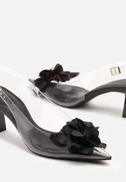 Czarne Przezroczyste Sandały na Obcasie Typu Kaczuszka z Kwiatem Nalaniela