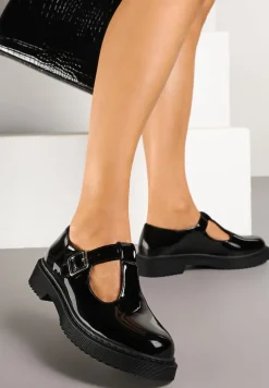 Czarne Retro Półbuty z Lakierowanym Połyskiem Zapinane na Klamerkę Vortelia