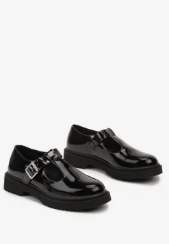 Czarne Retro Półbuty z Lakierowanym Połyskiem Zapinane na Klamerkę Vortelia