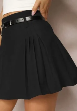 Czarne Rozkloszowane Spódnico-Spodenki Plisowane High Waist z Paskiem Bastorea