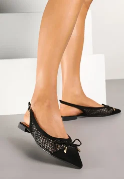Czarne Sandały Balerinki z Plecionki ze Szpiczastym Noskiem i Kokardką Leawenne