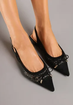 Czarne Sandały Balerinki z Plecionki ze Szpiczastym Noskiem i Kokardką Leawenne