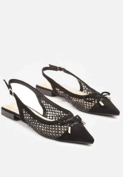 Czarne Sandały Balerinki z Plecionki ze Szpiczastym Noskiem i Kokardką Leawenne
