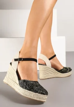 Czarne Sandały Boho na Plecionym Koturnie z Wkładką ze Skóry Naturalnej Maniffia